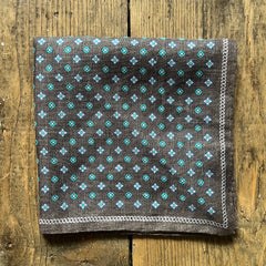 Amanda Christensen - Linen Pocket Square - Brown with Navy and Turquoise Pattern