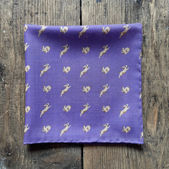 Wool and silk blend pocket square in purple with rabbit pattern