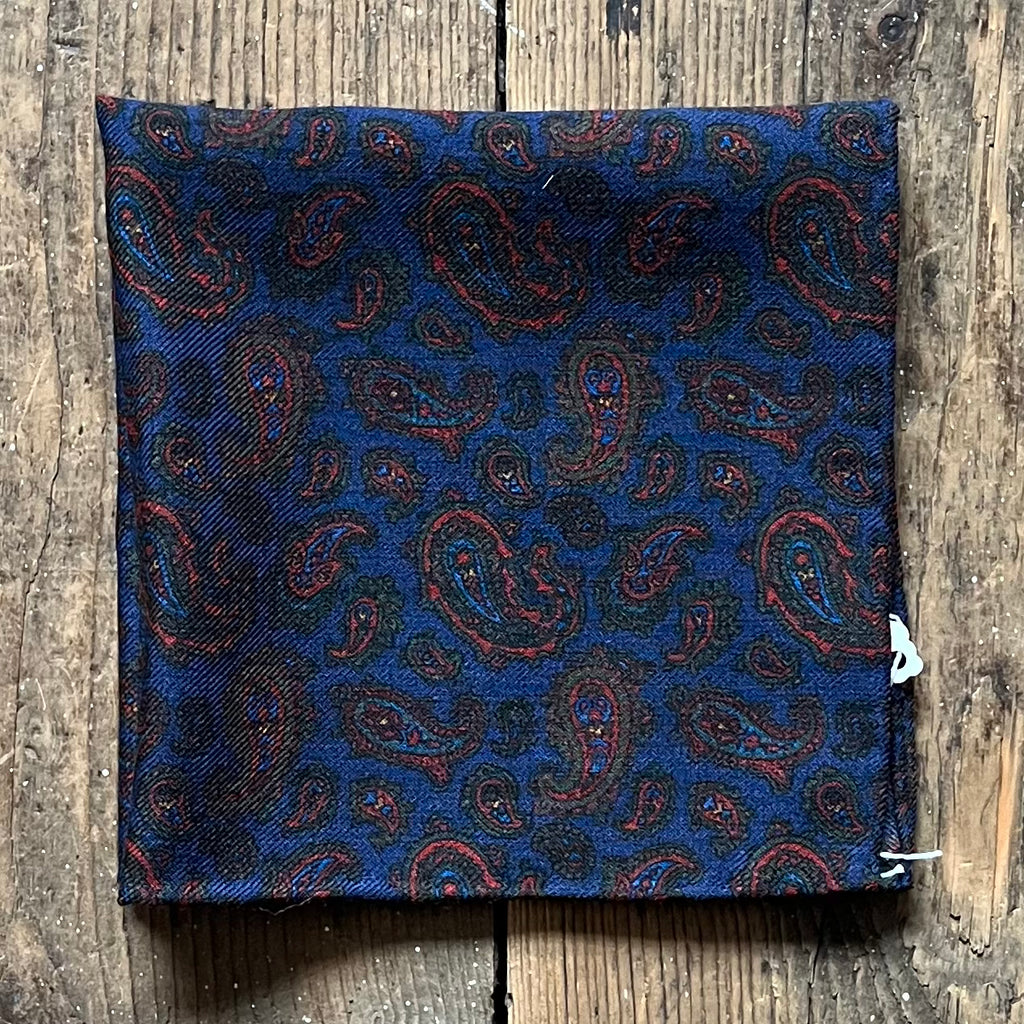 Navy wool pocket square with paisley pattern