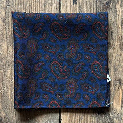 Regent - Wool Pocket Square - Navy with Red and Green Paisley