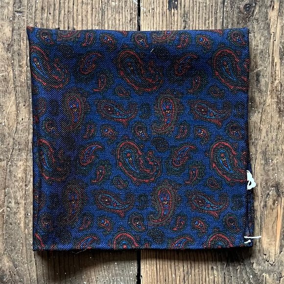 Navy wool pocket square with paisley pattern