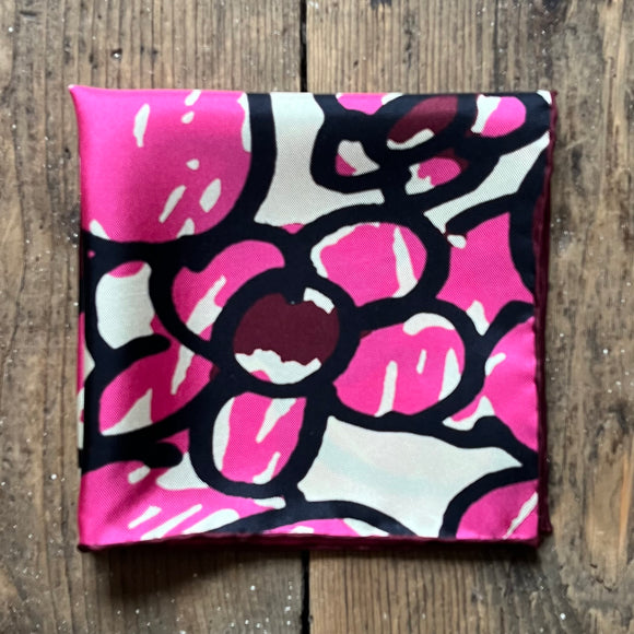 Silk pocket square with hand drawn pink daisy design