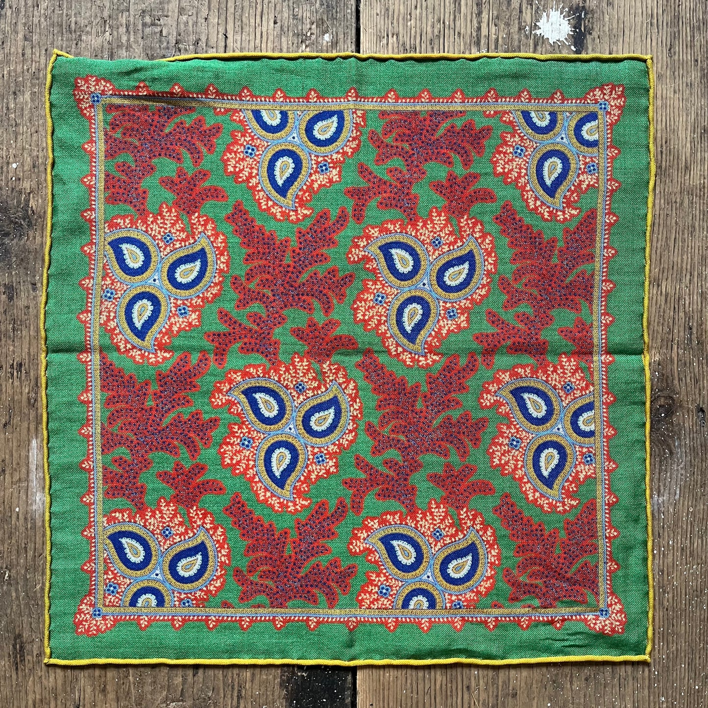 Regent - Wool/Silk Pocket Square - Green and Orange Paisley