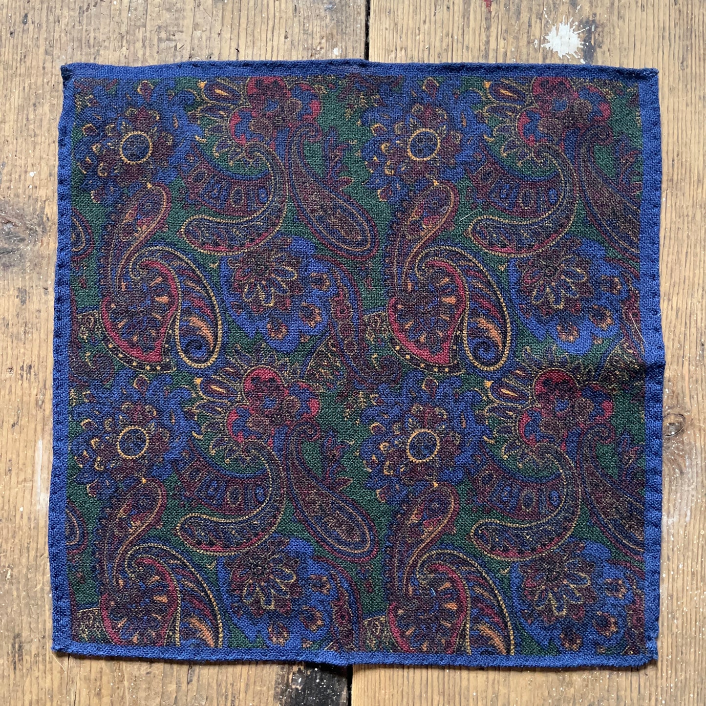 Regent - Wool Pocket Square - Navy and Green Paisley