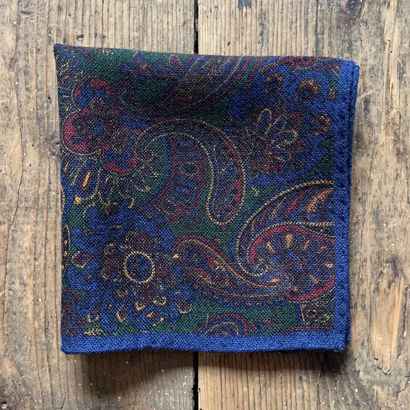 Navy wool pocket square with large paisley pattern