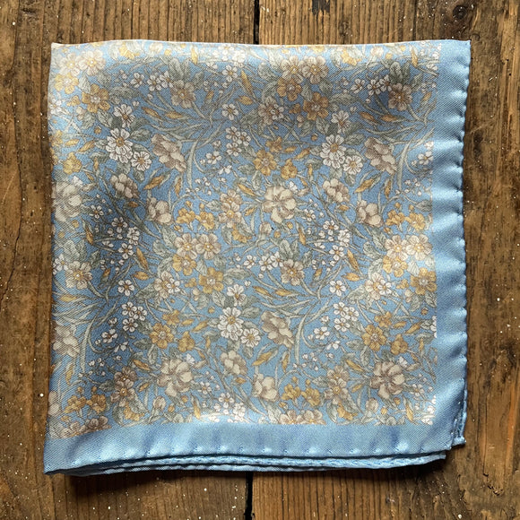 silk pocket square in cornflower blue with springtime floral design