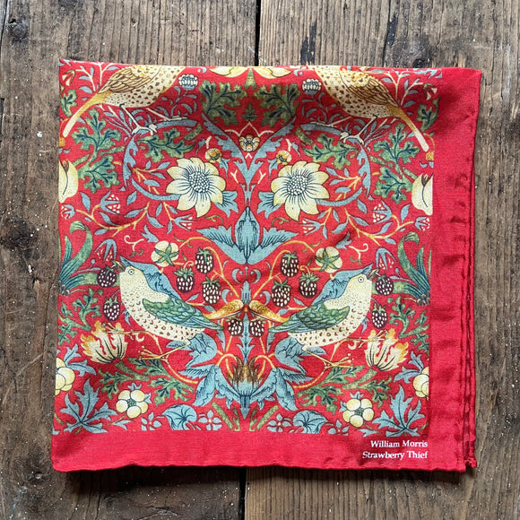 Regent - Cotton/Silk - Pocket Square - William Morris Liberty Print 'Strawberry Thief' Pattern - Red