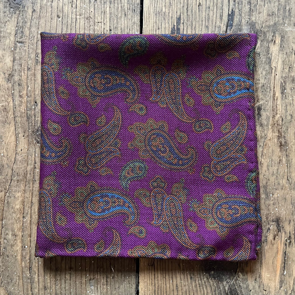 Wool pocket square in purple with orange and navy paisley