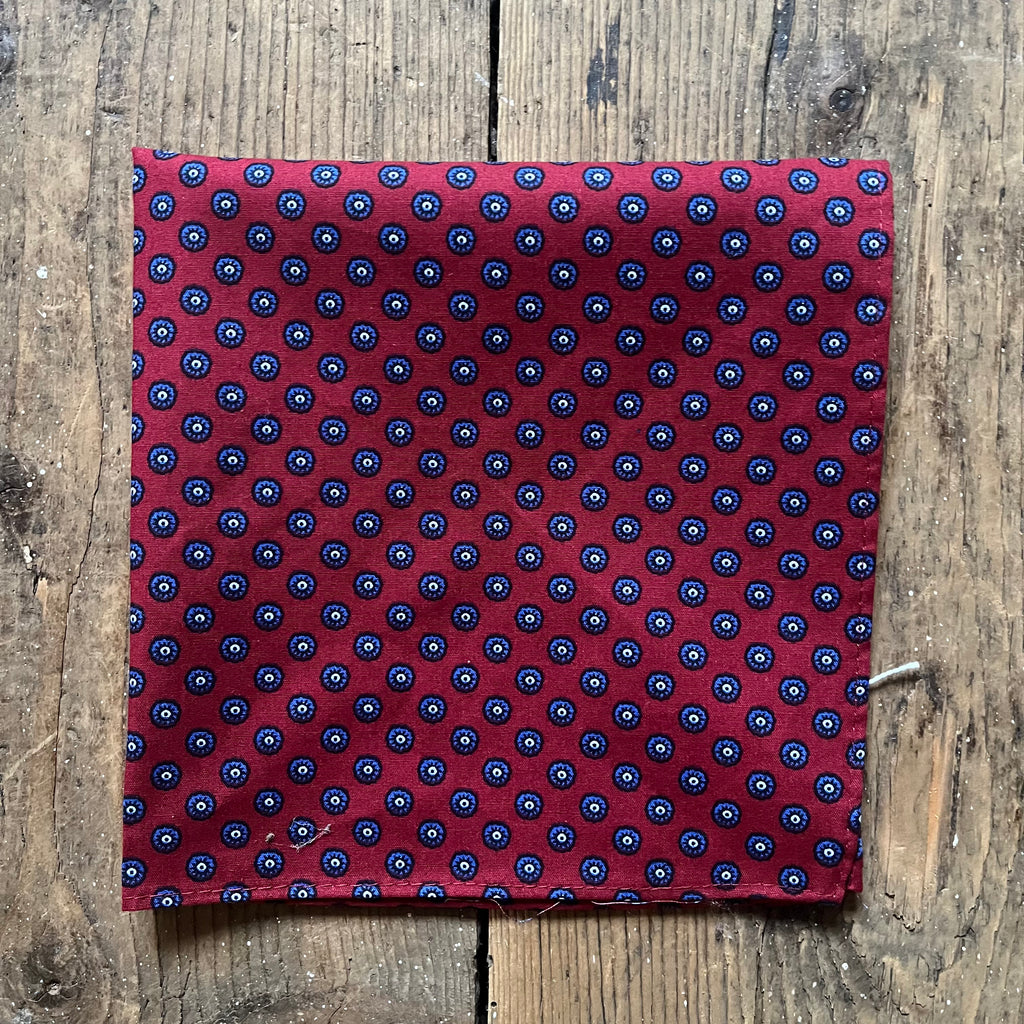 Red cotton pocket square with blue circle pattern