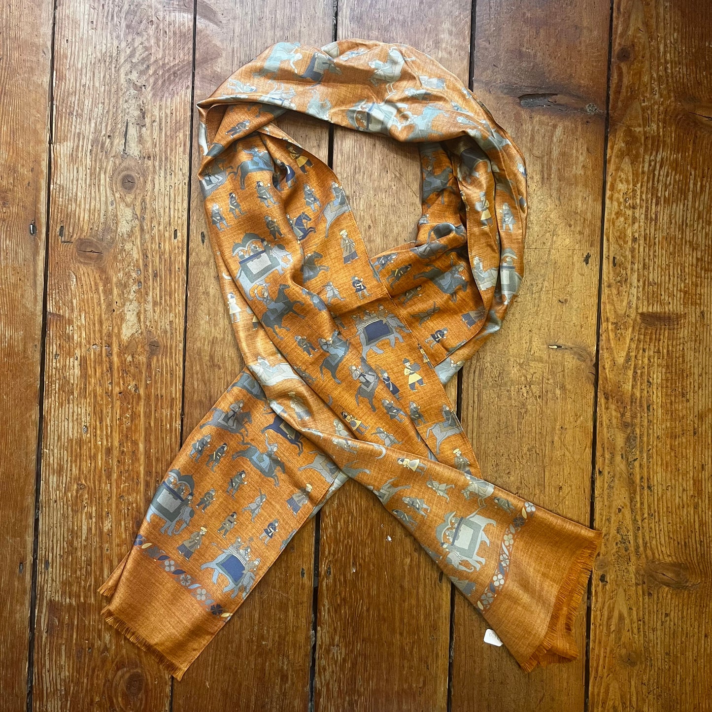 Regent - Lightweight Silk Scarf - Elephants and Warriors - Orange