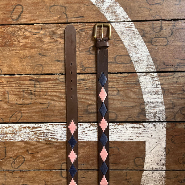 Regent - Polo Belt - Embroidered - Leather - Pink and Navy - Diamond