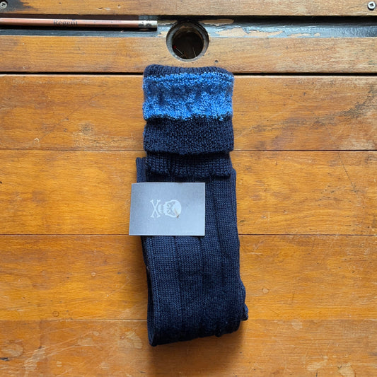 Navy blue woollen boot sock with contrasting baby blue cuff