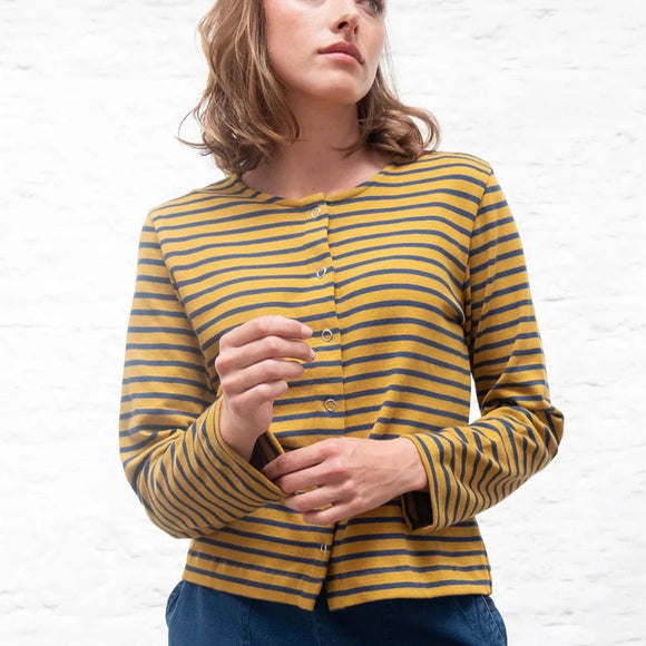 Mustard Stripe Cardigan made from jersey stretch cotton with poppers and long sleeve.