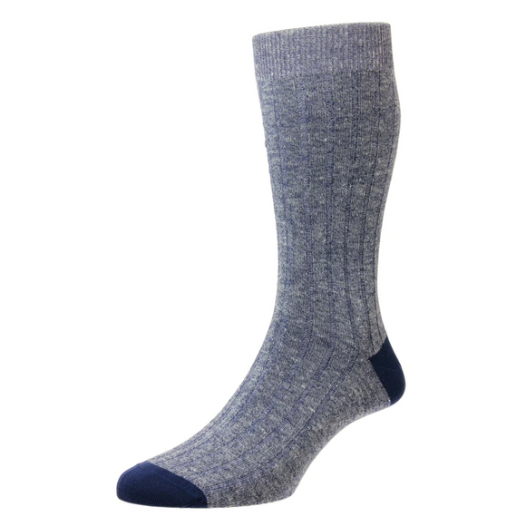 Pantherella sock, Hamada style linene and cotton blend in indigo and light blue
