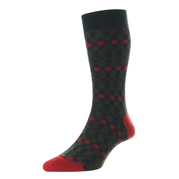 Merino Wool - racing green and red colours abstract check - wetton 