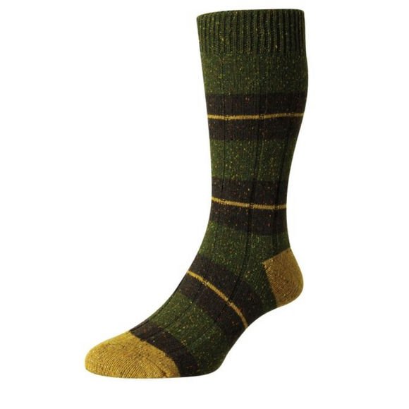 Bayfield sock, dark khaki fleck, stripe.