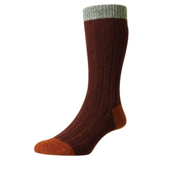 Maroon fleck sock, grey top line and orange contrasting toe and heel cap - large rib