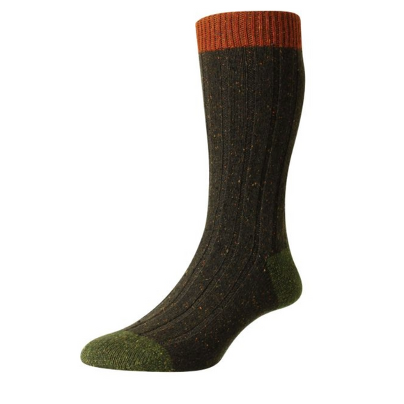 Thornham sock in dark fleck brown with orange tip and light green toe and heel cap