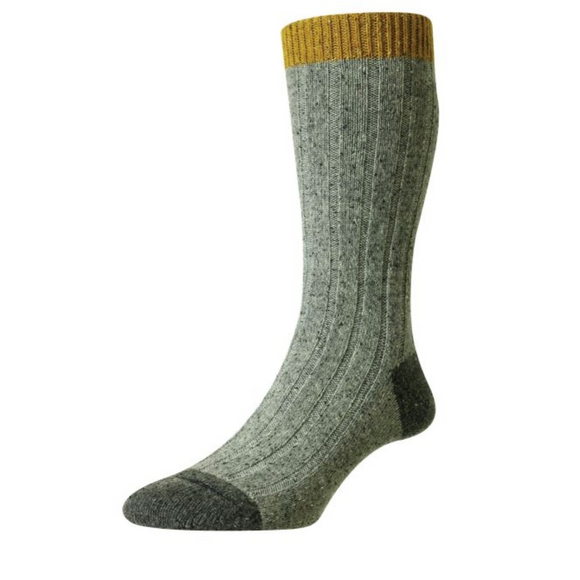 Mid grey fleck sock with a large rib knit yellow top line and dark grey fleck toe and heel cap