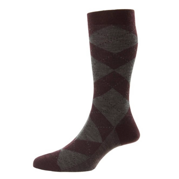 vintage style sock with grey and maroon pattern.