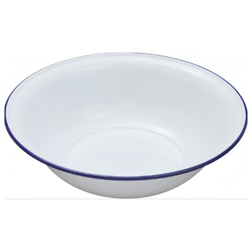 White bowl with blue trim