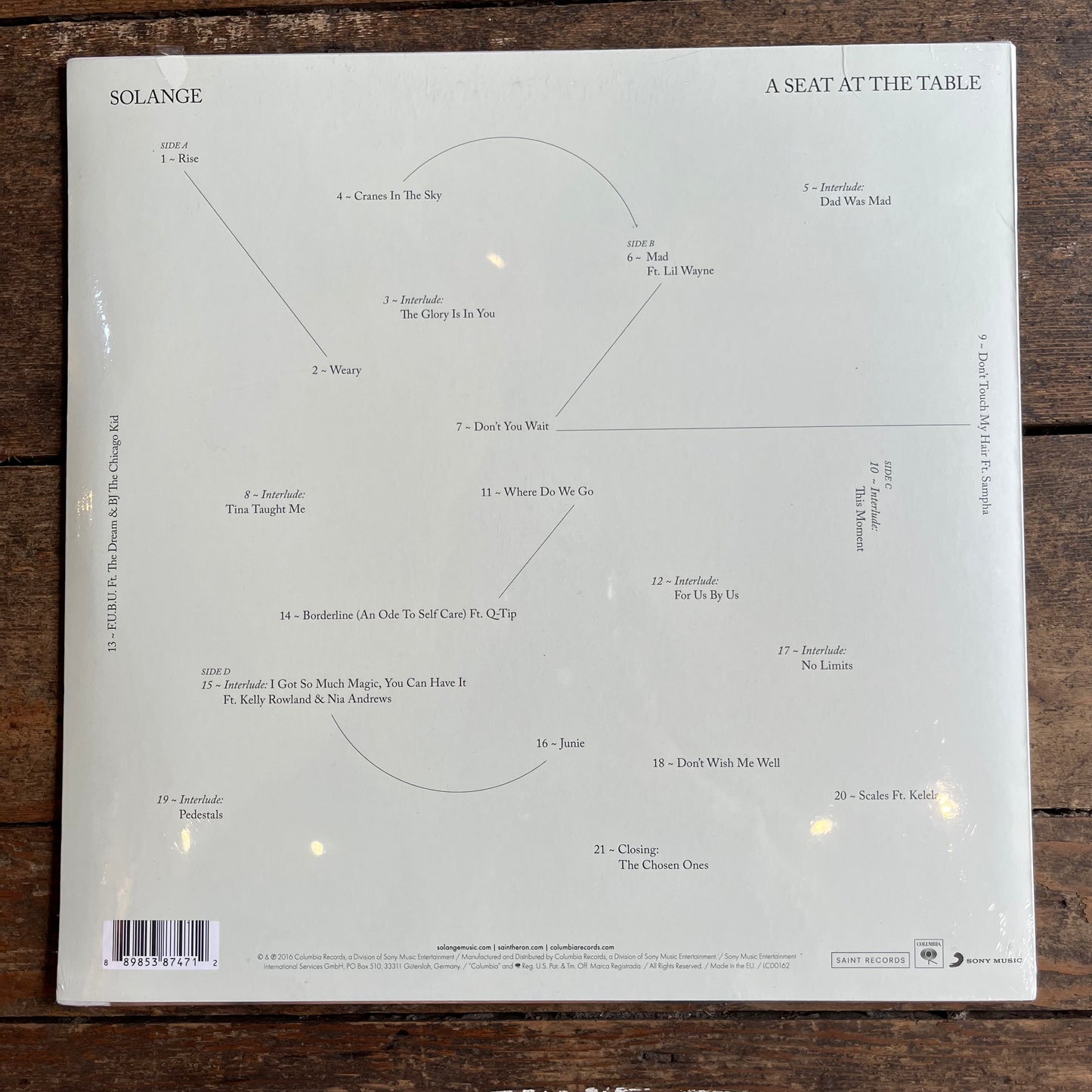 Back cover of a vinyl album with tracklist on a wooden surface