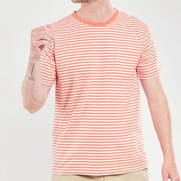 Coral and white stripe crew neck short sleeve t-shirt
