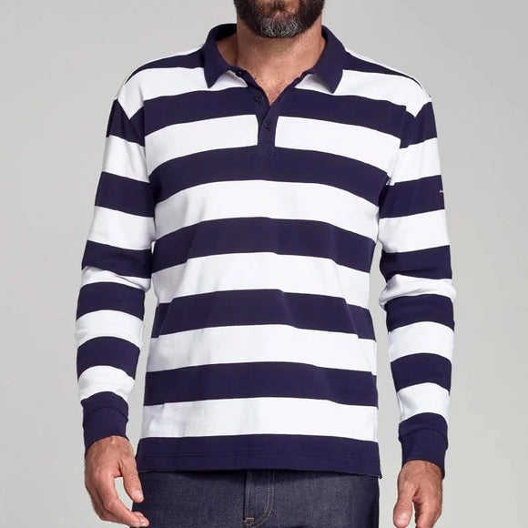 Navy/ White stripe polo shirt witn navy collar and navy cuffs - long sleeve 