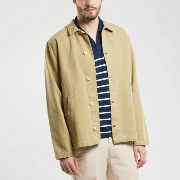 Pale Olive button down fisherman's jacket  with two front pockets and wooden buttons.