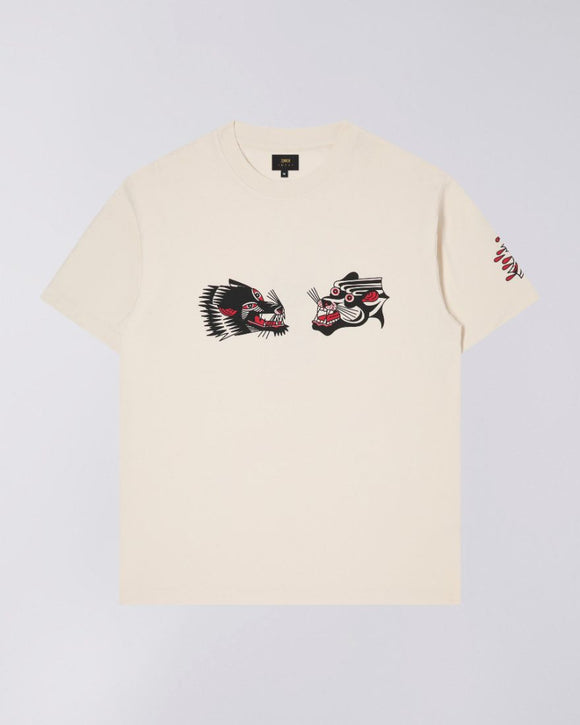 Off white T-shirt with ribbed crew necak and short sleeves, decorated with tattoo designs on the chest , back and shoulder.