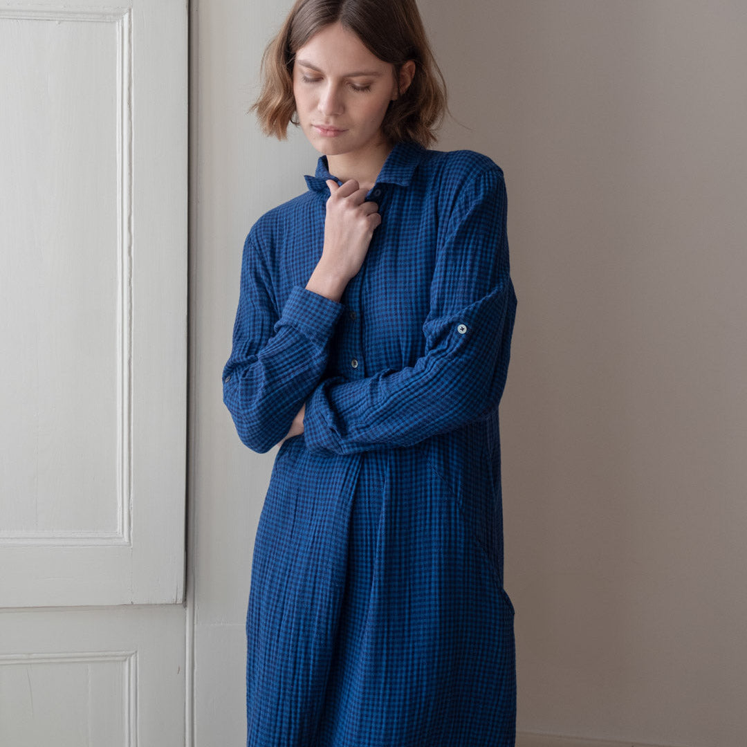 Bibico - Alexa Shirt Dress - Double Gauze Check - Petrol