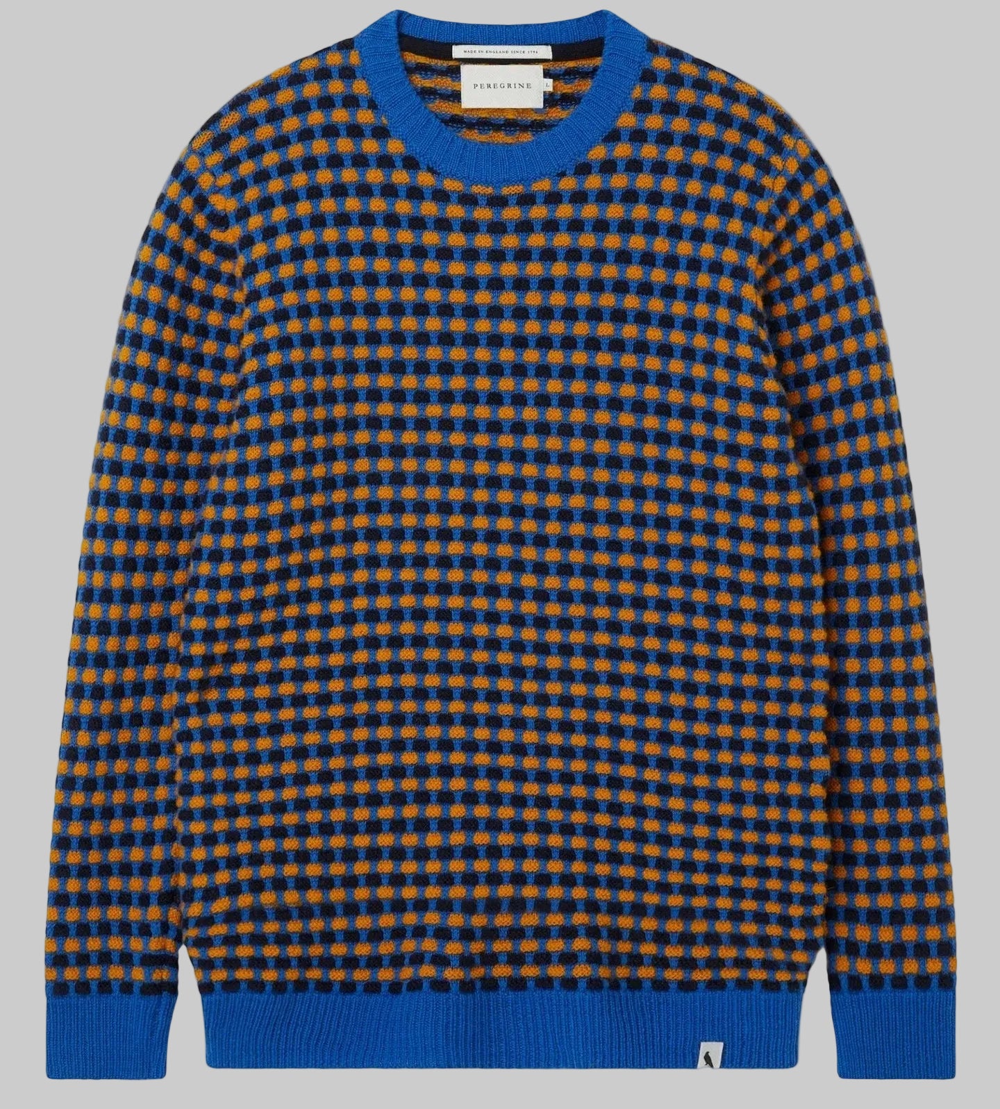 Blue and orange checkered sweater on a white background