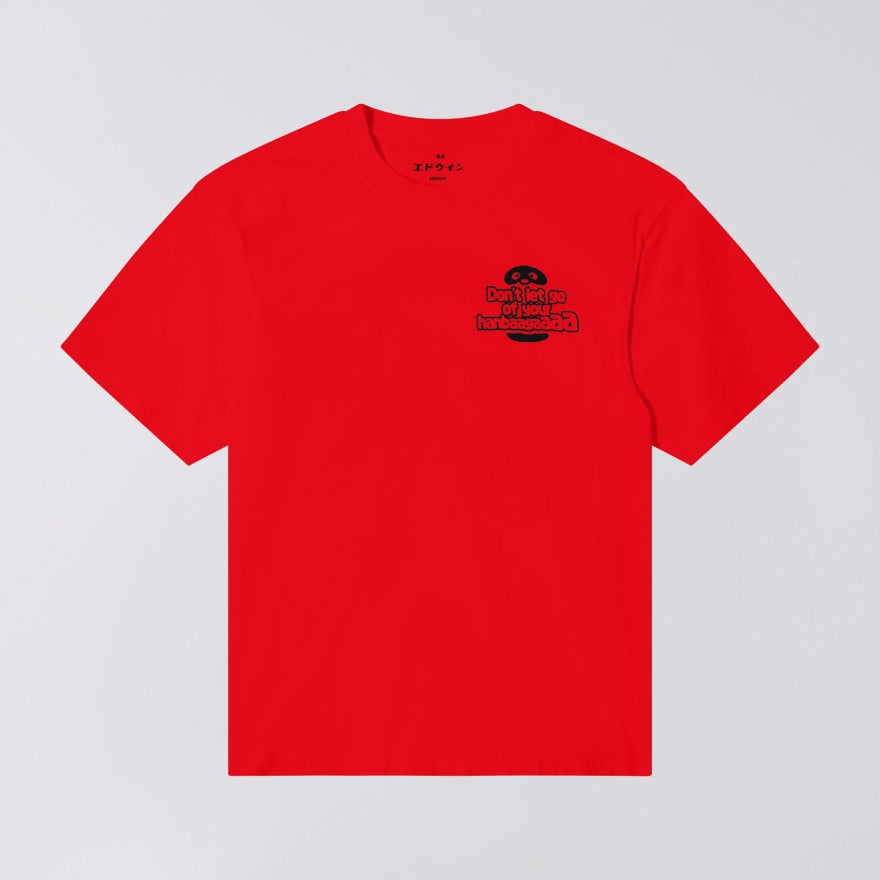 front of red t shirt with chest design