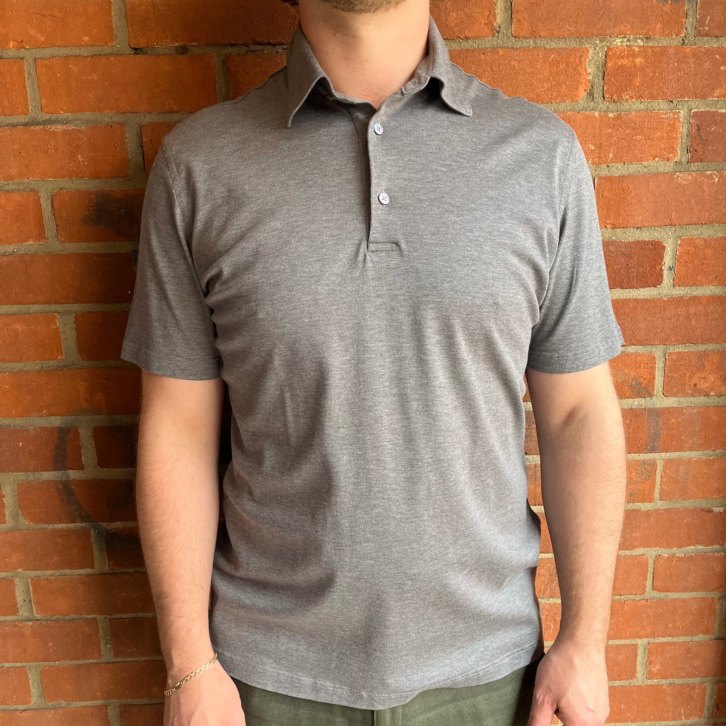 Grey Cotton polo shirt 3 mother of pearl button up collar.