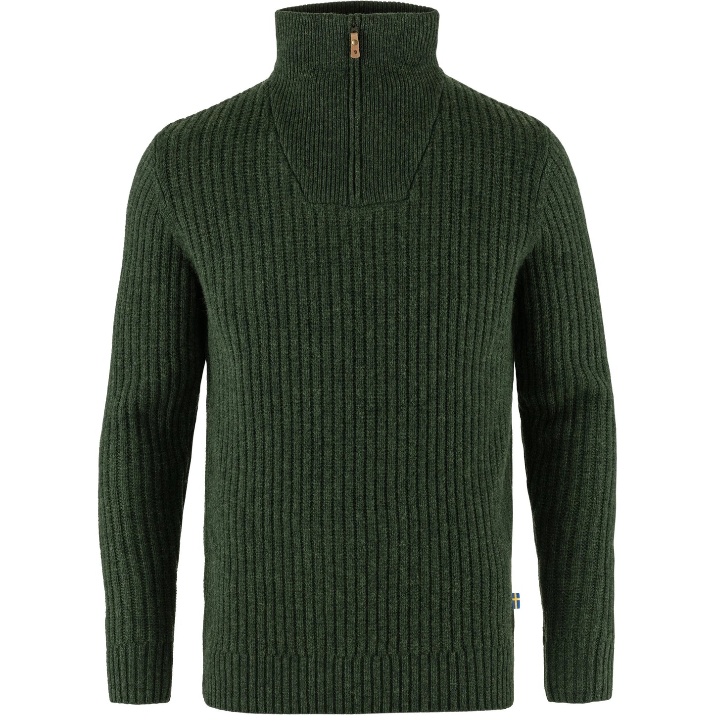 Green ribbed sweater with a zipper on a white background