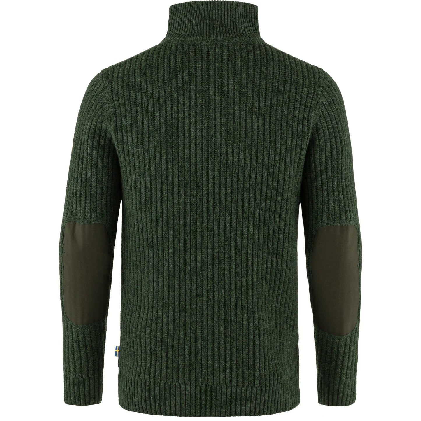 Green ribbed sweater with dark green patch on sleeves against a white background
