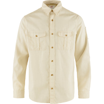 Chalk white shirt, tortoise shell button, chest flap pockets long sleeve, relaxed fit.  