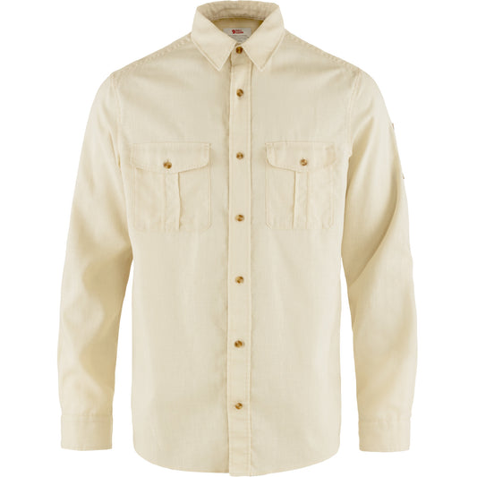 Chalk white shirt, tortoise shell button, chest flap pockets long sleeve, relaxed fit.  