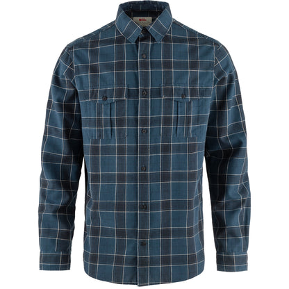 Navy/Indigo check shirt with dark buttons and two button down chest pockets, long sleeve - relaxed fit shirt.