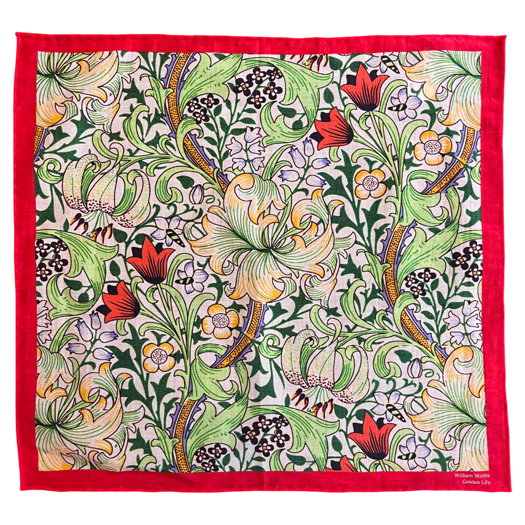 Regent - Cotton/Silk - Pocket Square - William Morris Liberty Print 'Golden Lily' Pattern - Red - Regent Tailoring Salisbury