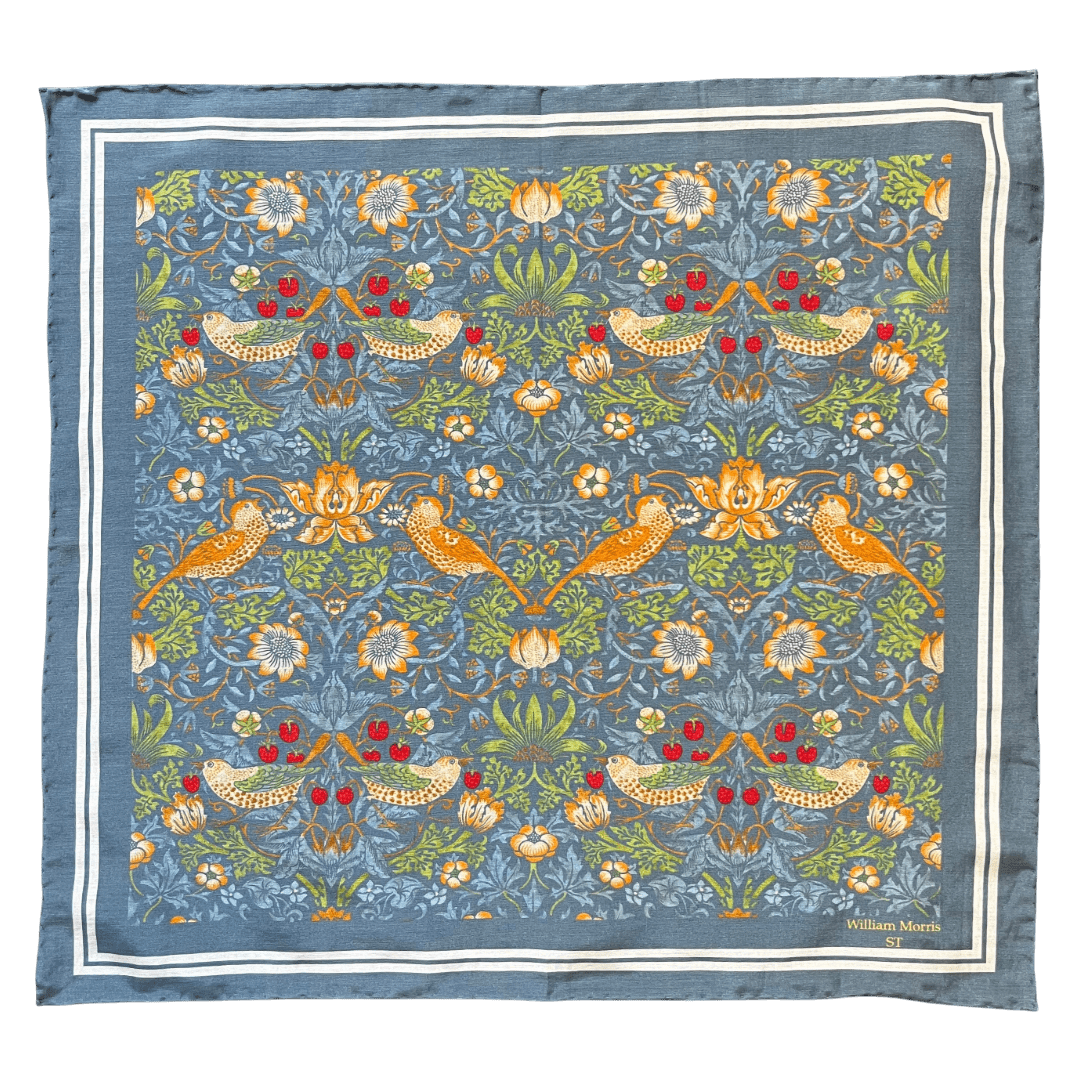 Regent - Cotton/Silk - Pocket Square - William Morris Liberty Print 'Strawberry Thief' Pattern - Blue - Regent Tailoring Salisbury