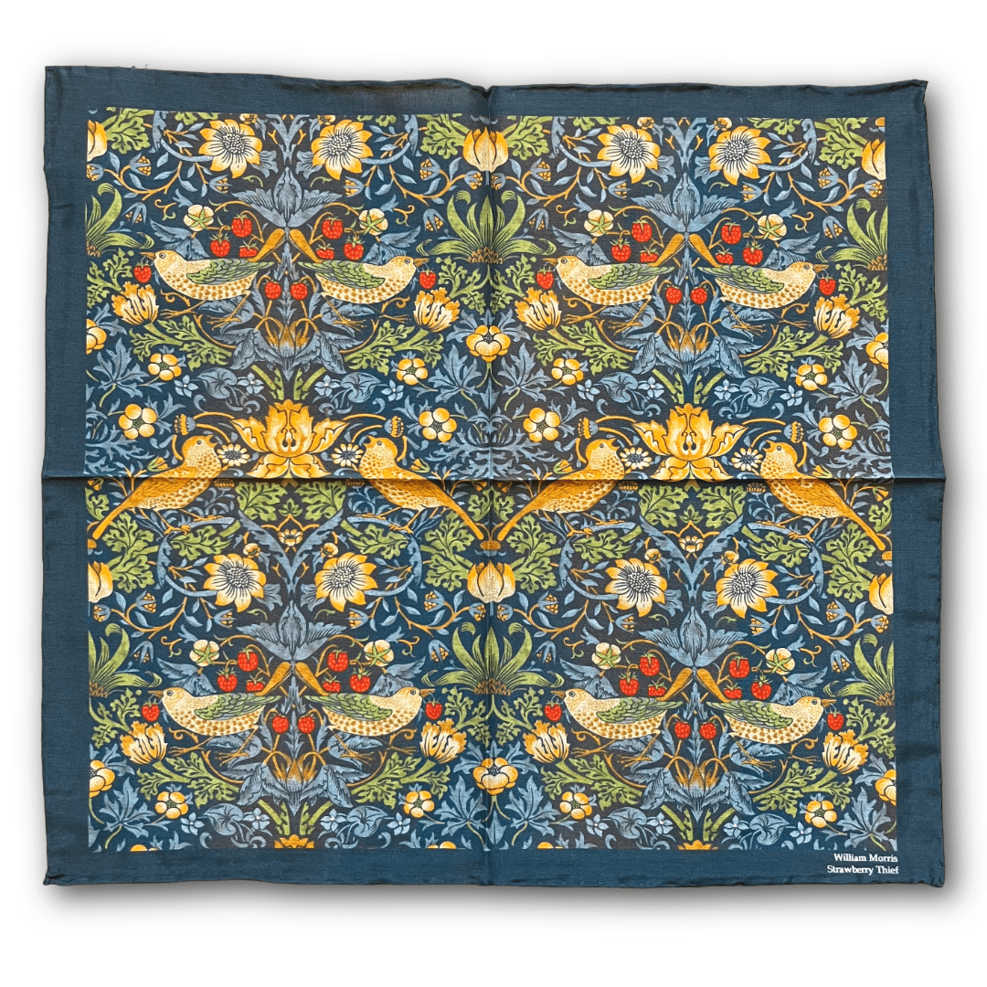 Regent - Cotton/Silk - Pocket Square - William Morris Liberty Print 'Strawberry Thief' Pattern - Navy