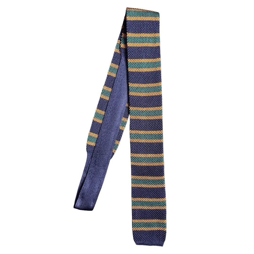 Regent - Knitted Silk Tie - Green/Navy/Gold Stripe - Regent Tailoring Salisbury