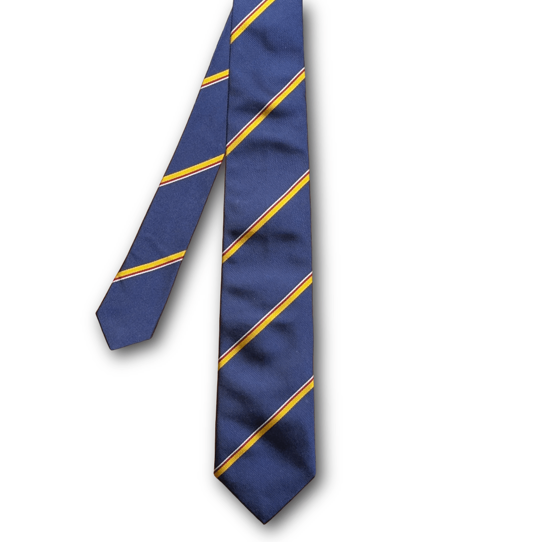Regent Luxury Silk Tie - Navy with Gold, Red & White Stripe - Regent Tailoring Salisbury