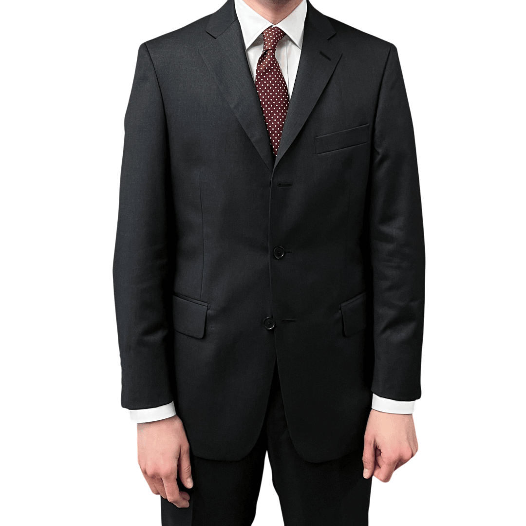Regent Tailoring Penguin suit in anthracite grey fleck wool with a three-button jacket and slim silhouette.