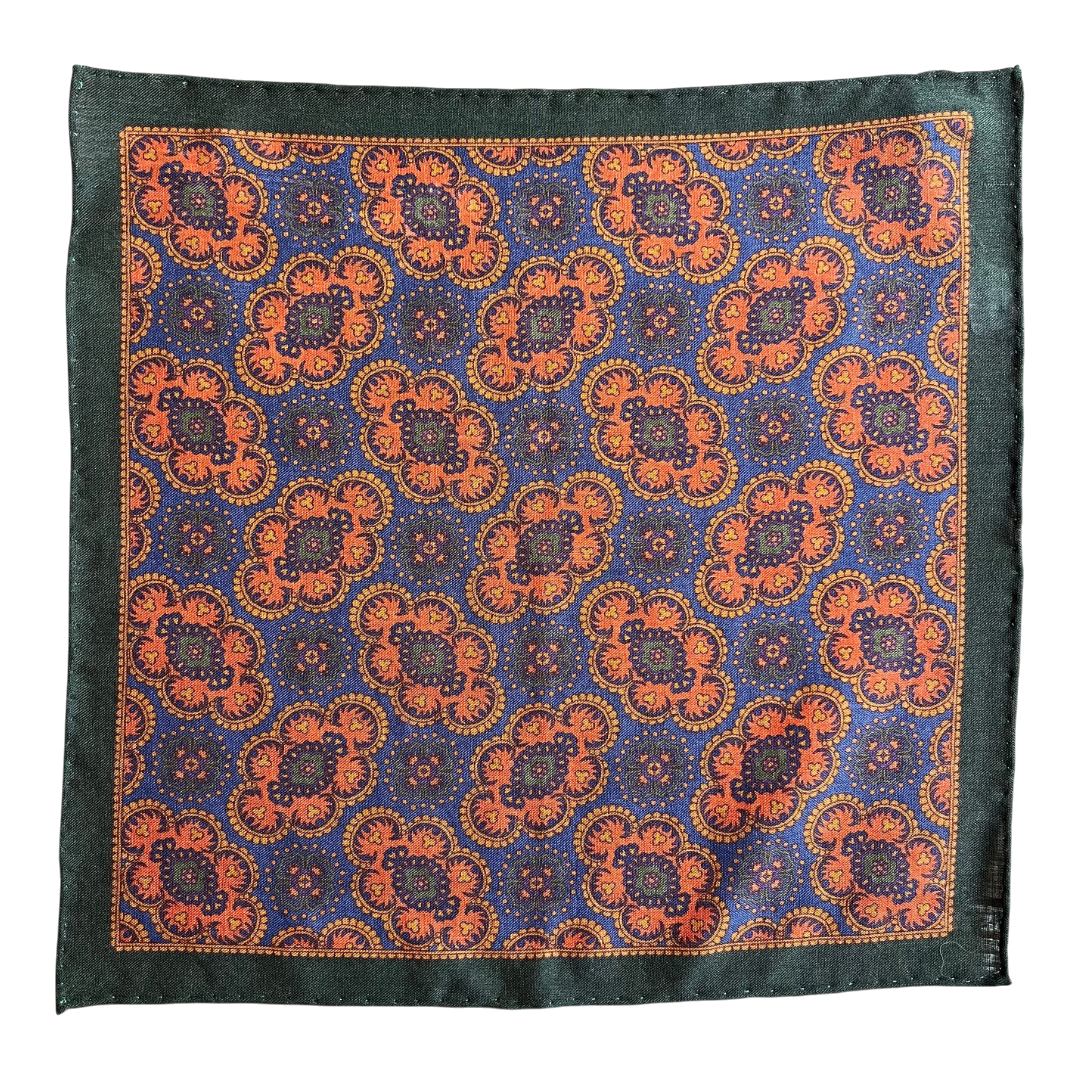 Regent - Wool/Silk Pocket Square - Orange/Navy/Green Motif - Regent Tailoring Salisbury