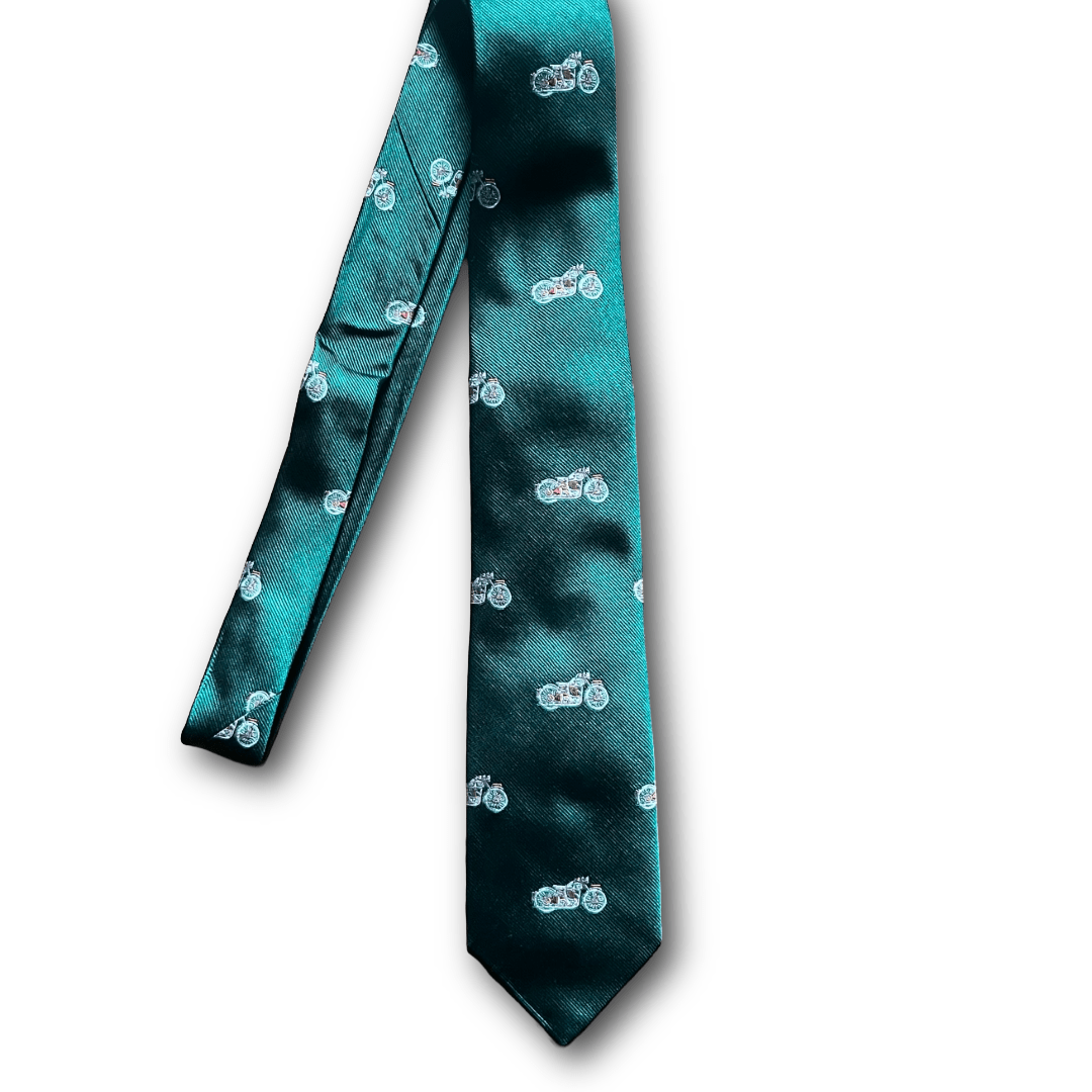 Regent - Woven Silk Tie - Green with Red Motorcycles - Regent Tailoring Salisbury