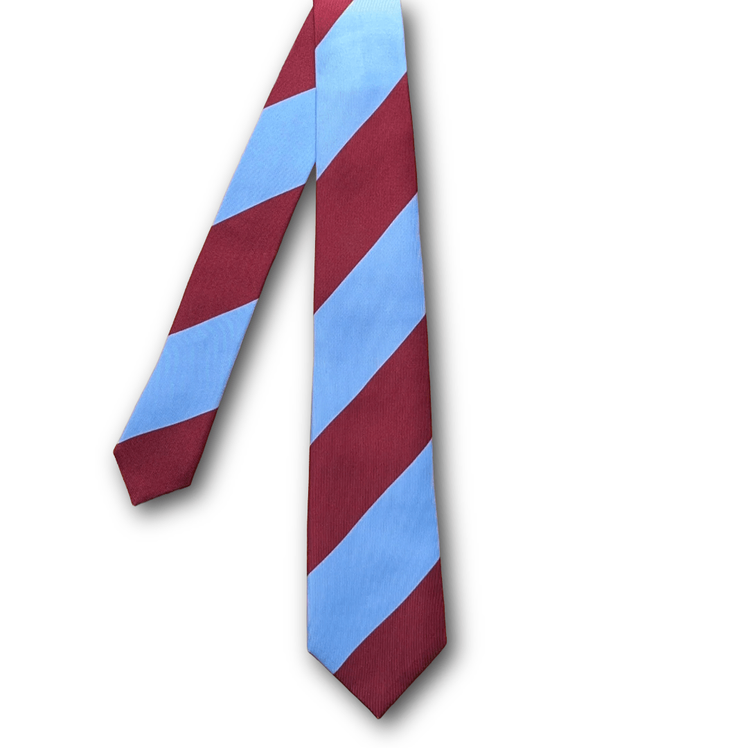 Regent - Woven Silk Tie - Printed Claret and Blue Stripes - Regent TailoringRegent