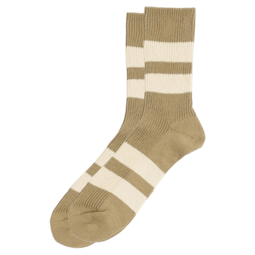 RoToTo - Recycled Cotton Stripe Crew Socks R1619 - Khaki/Ivory - Regent Tailoring Salisbury