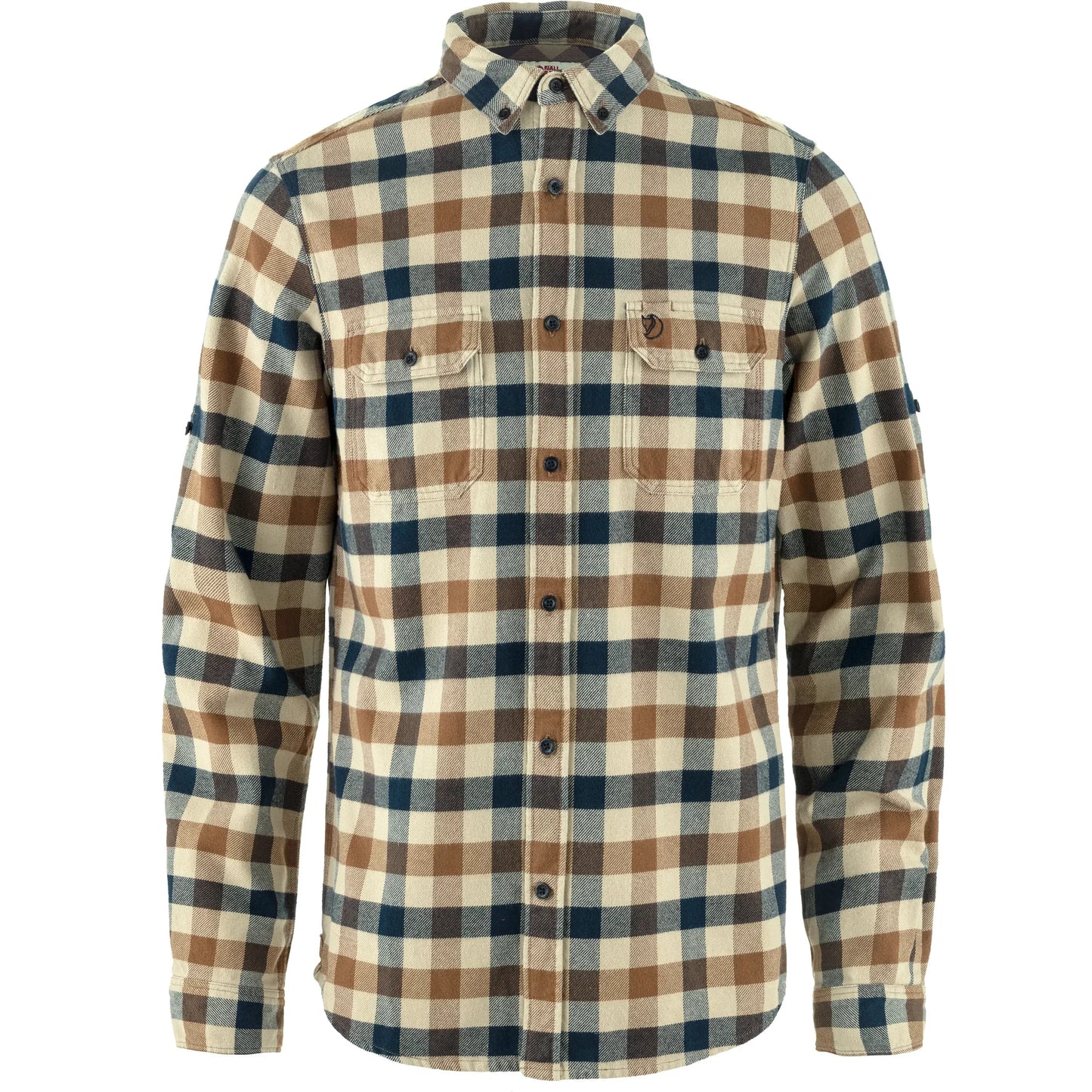 Plaid shirt with brown, blue, and beige pattern on a white background